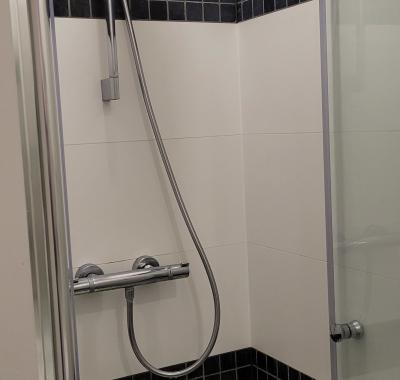 Chambre à louer avec salle de douche, évier et petit-déjeuner.
